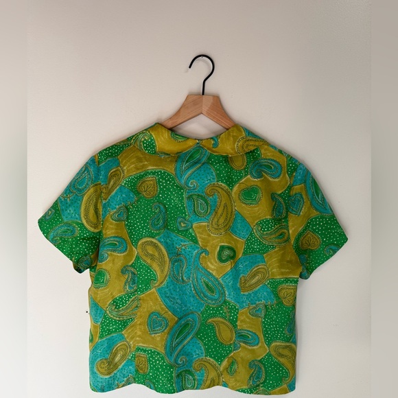 Vintage 1970s Green and Yellow Paisley Women's Top - Picture 6 of 7